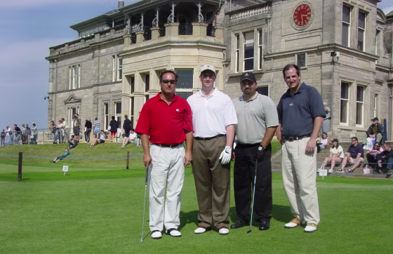 Former White House acquisitions chief David Safavian (third from left), now convicted on four counts of obstruction and false statements, and&nbsp;former Abramoff and congressional aide Neil Volz (second from left), who has pleaded guilty to conspiracy to corrupt a congressman,&nbsp;appear in a photo taken at St. Andrews golf course, in August 2002, that was submitted by prosecutors at the Safavian's trial.